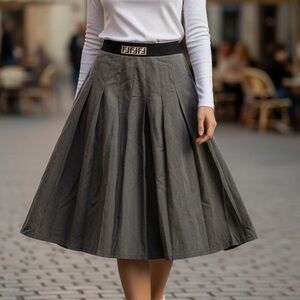 Fendi Pleated Black A-Line Skirt with Elastic Waist